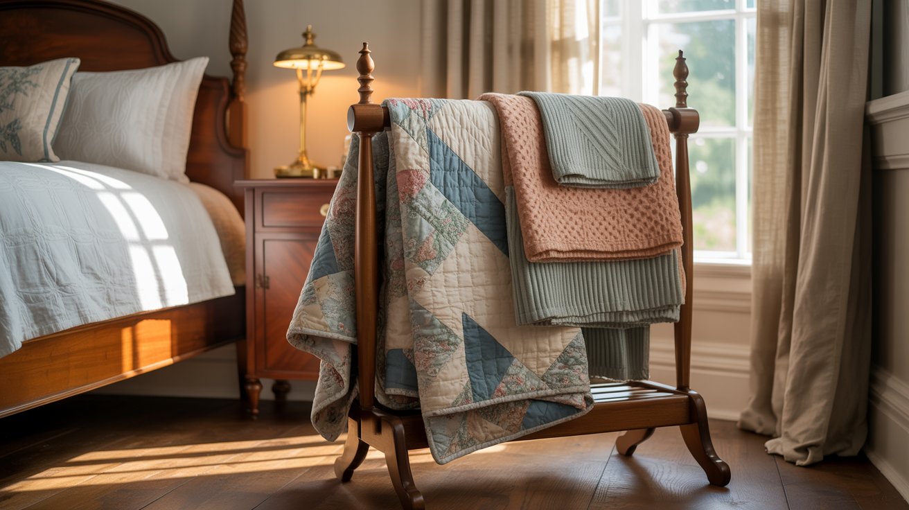 A traditional wooden blanket stand next to a bed draped with a patchwork quilt and knit throws