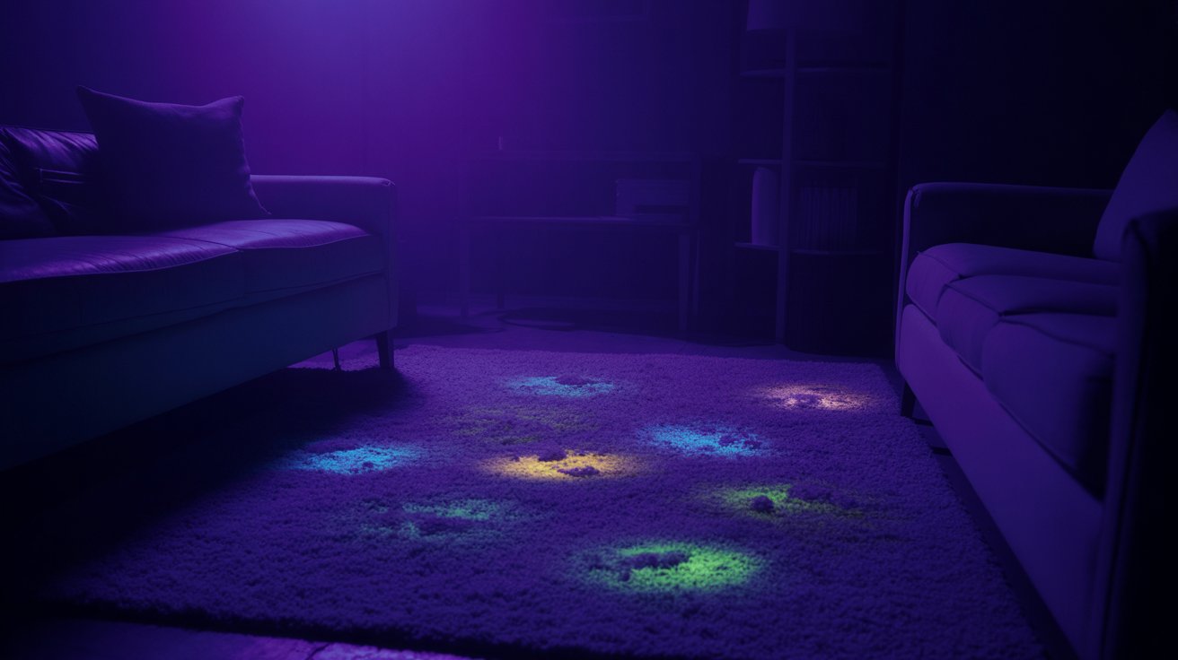 A purple light illuminates a rug in a dimly lit room, creating a moody atmosphere.