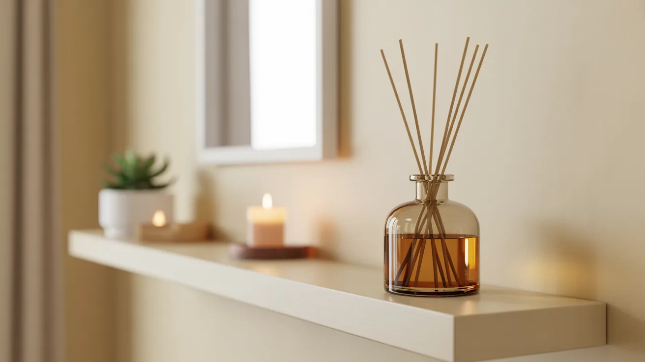 reed diffuser with sticks absorbing crucial oil and releasing fragrance slowly into room environment throughout the day
