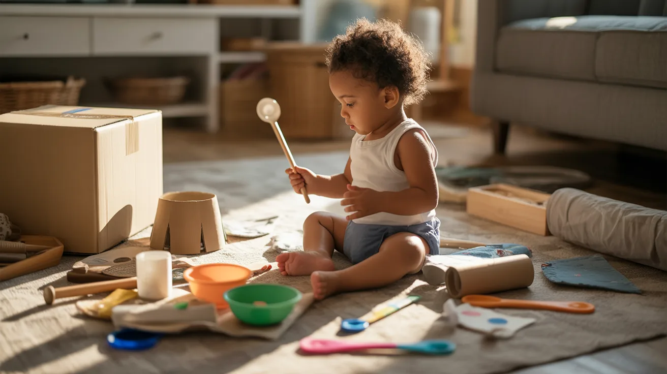 A toddler happily playing with colorful toys on a soft rug in a cozy living room filled with natural light.