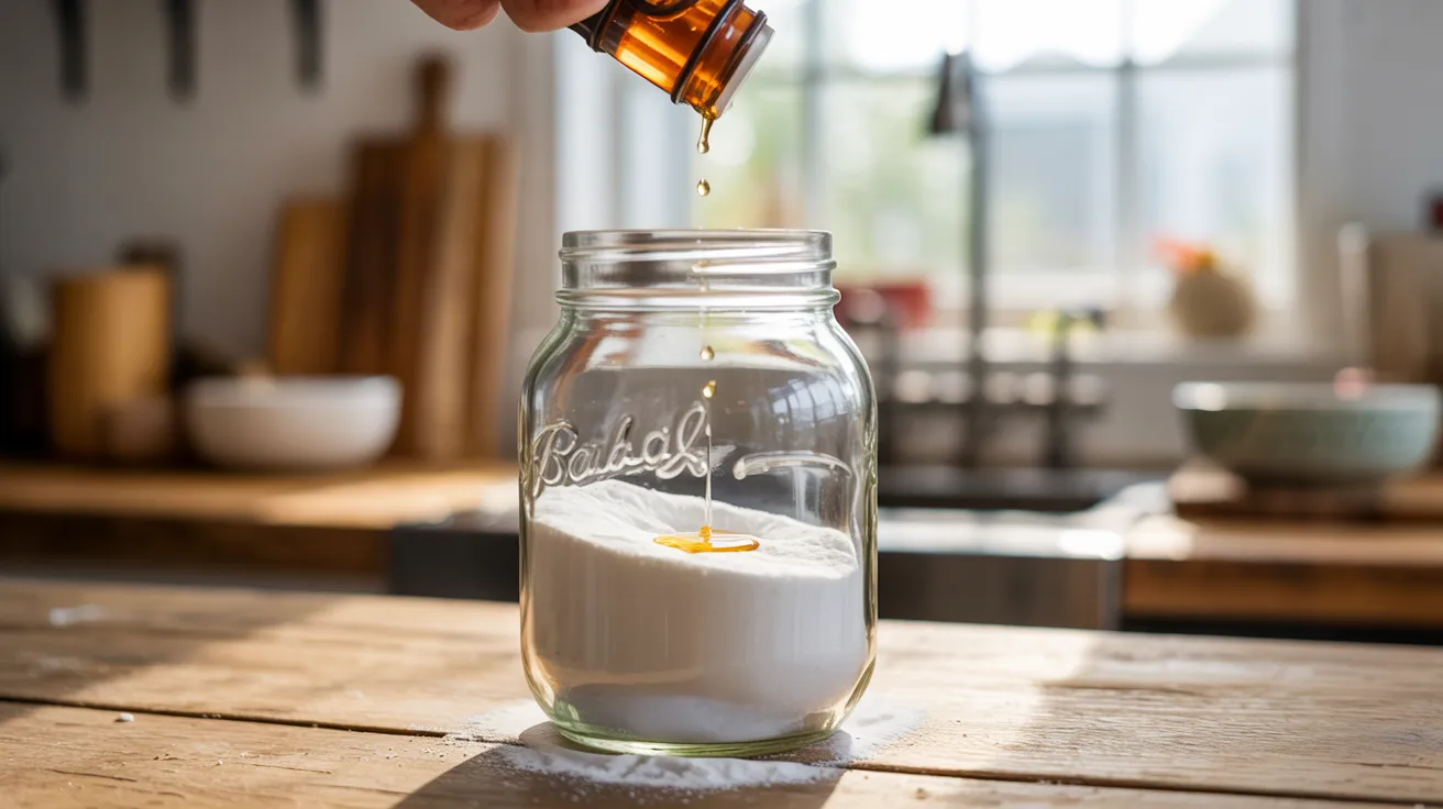 baking soda mixed with crucial oil in jar absorbing odors and releasing gentle fresh scent into room air