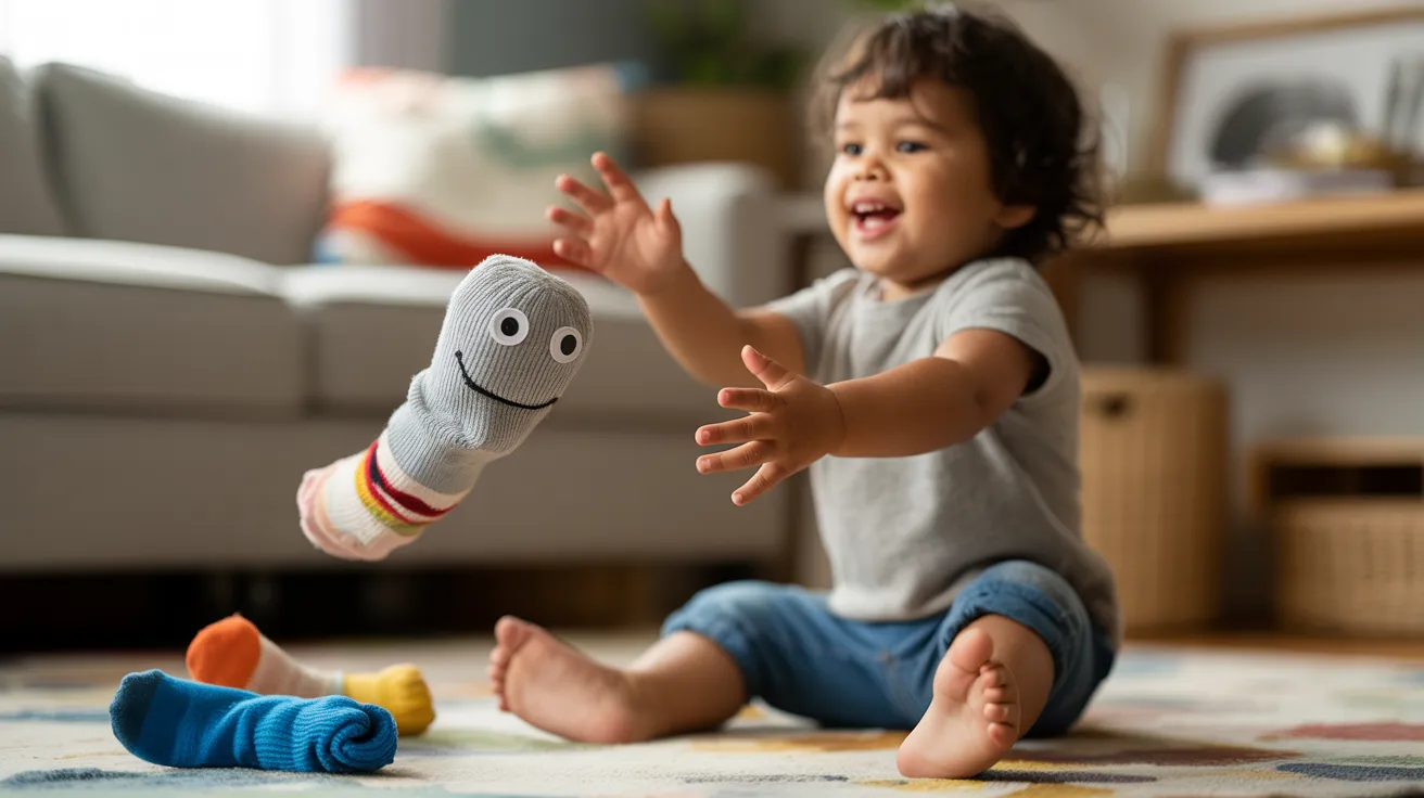 A baby joyfully playing with a soft stuffed animal on a colorful play mat.
