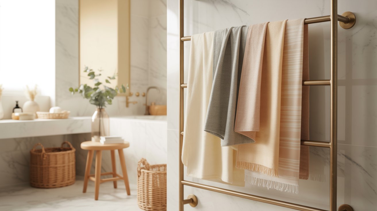 A brass ladder style towel rack in a marble bathroom displaying pastel blankets draped neatly.