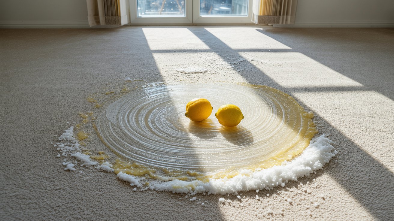 A room featuring two lemons placed on the floor, adding a touch of color to the space.