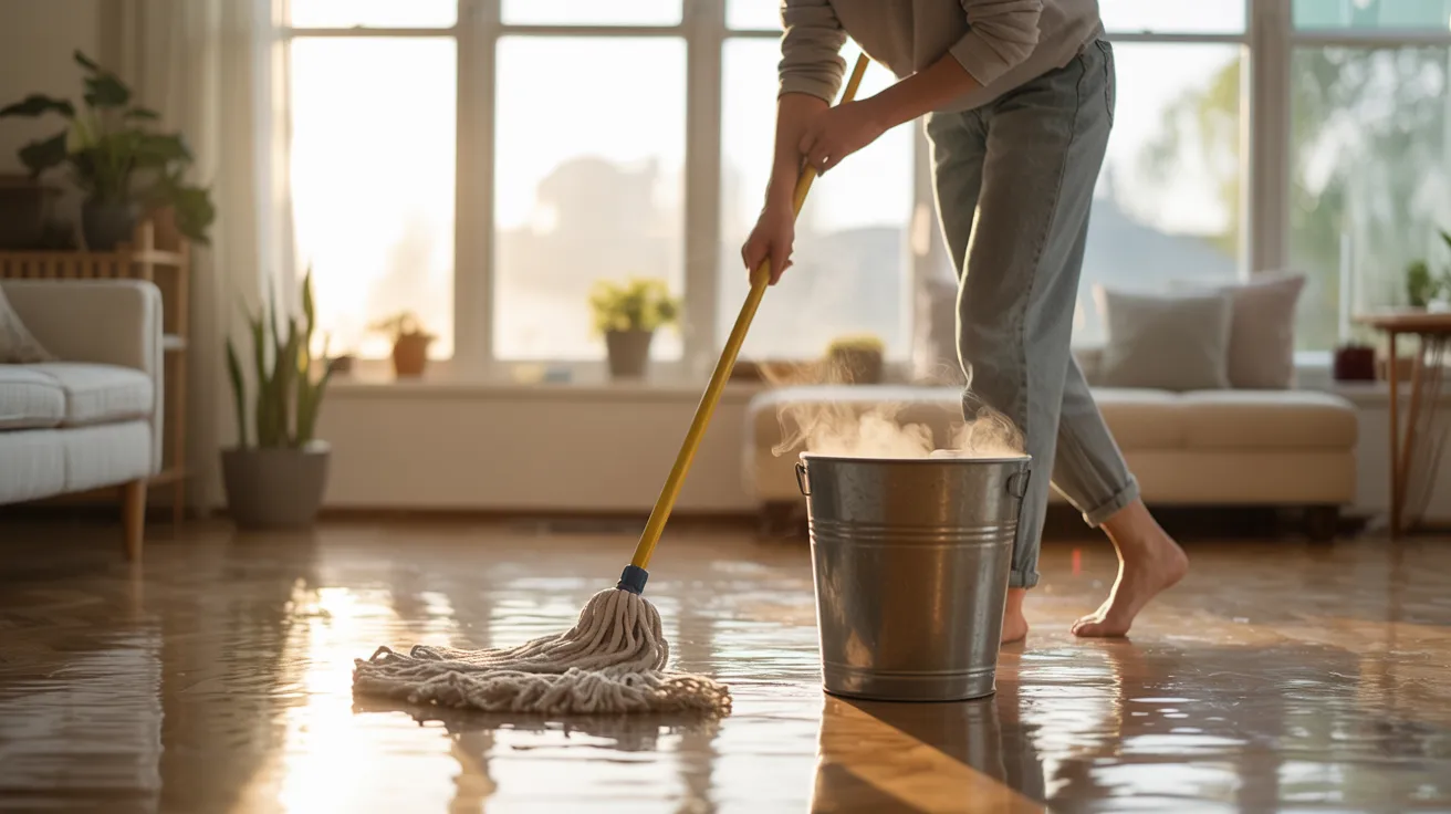 cleaning floor with crucial oil solution leaving fresh scent behind after regular household cleaning routine