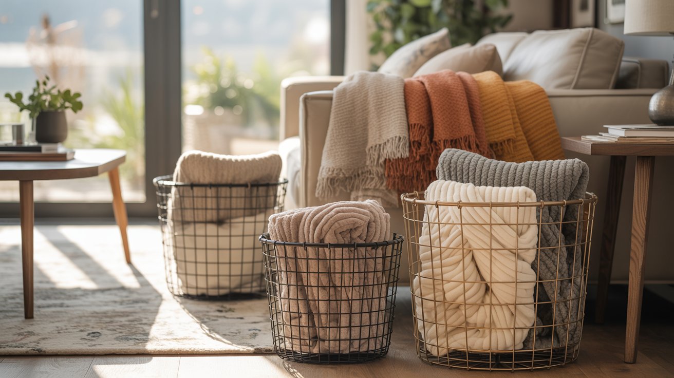 A black and gold wire baskets on a living room floor storing folded and chunky knit blankets beside a beige sofa with draped throws.
