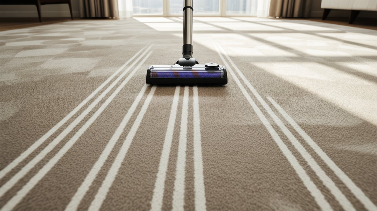 A vacuum cleaner is actively cleaning a patterned carpet in a well-lit room.