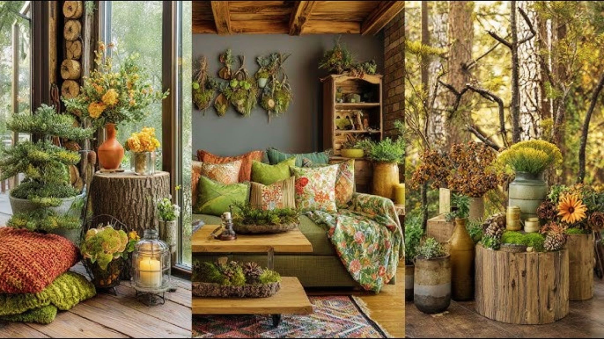 Bring nature indoors cheaply using log stools, foraged flowers, moss, and layered green pillows.