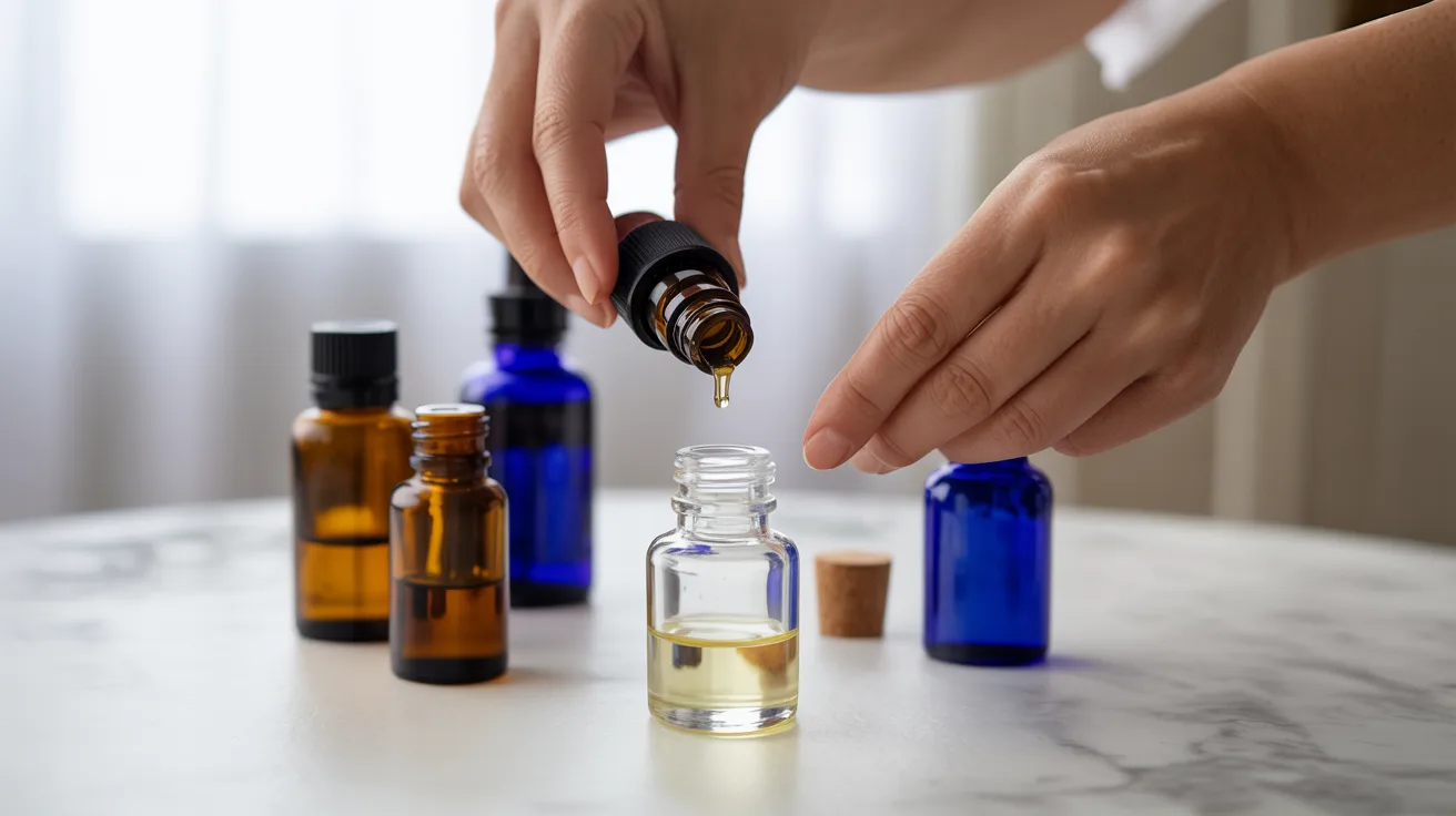 mixing different crucial oils together in bottle to create custom fragrance blend for home scenting use