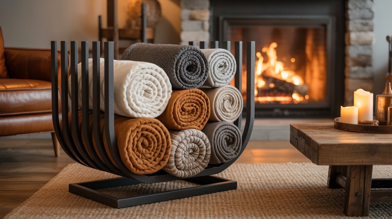 A black metal blanket holder beside a lit fireplace filled with rolled throws in warm tones.