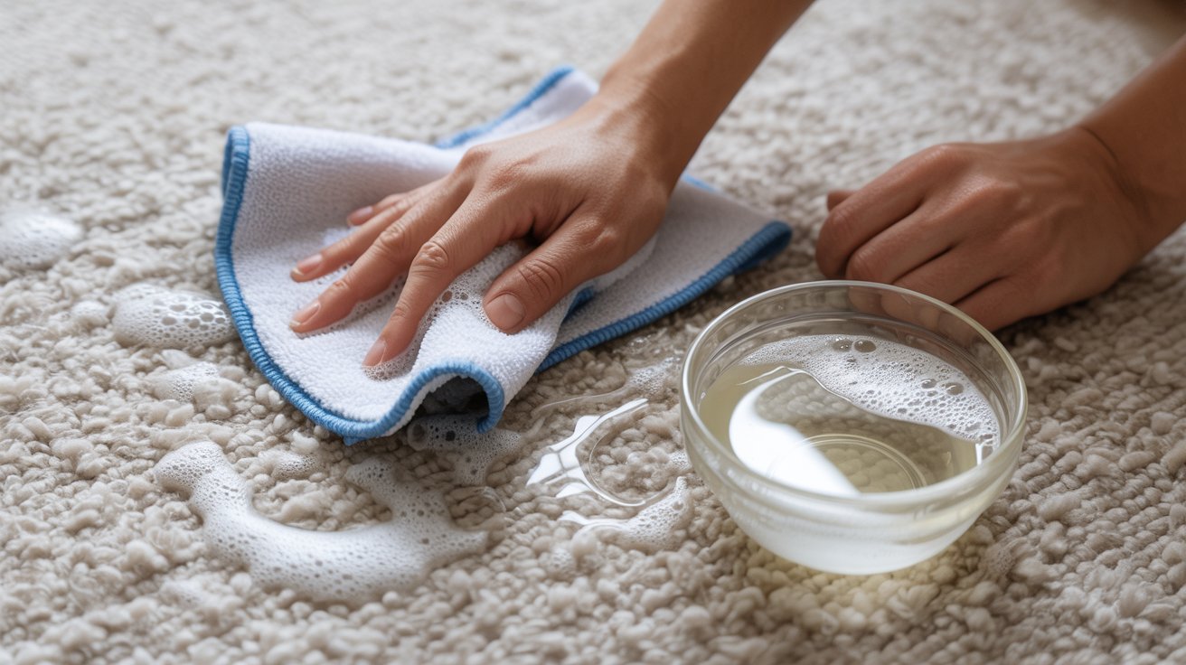 A person using a sponge to clean a carpet, focusing on removing dirt and stains from the fabric.