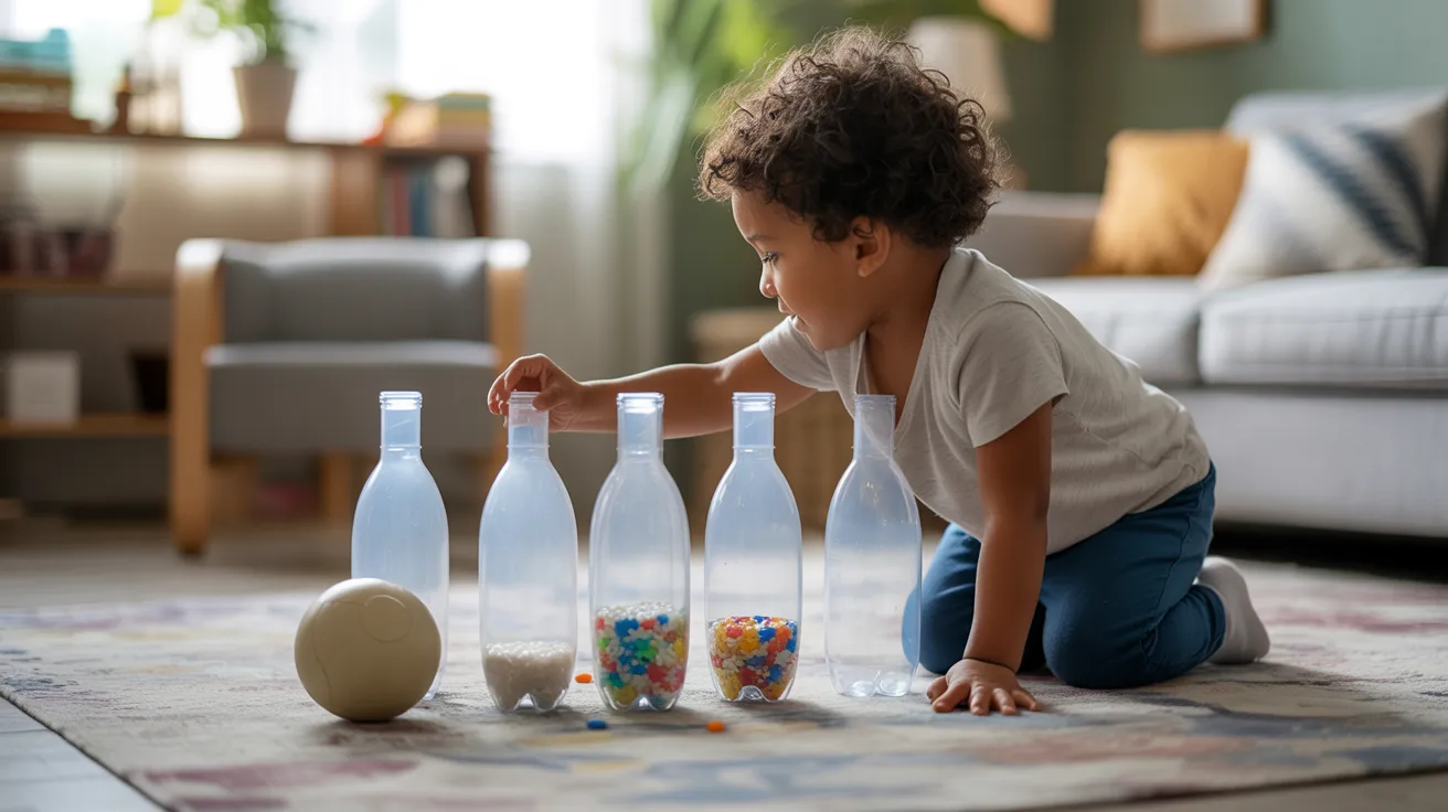 A young child joyfully playing with colorful plastic bottles on a grassy surface.