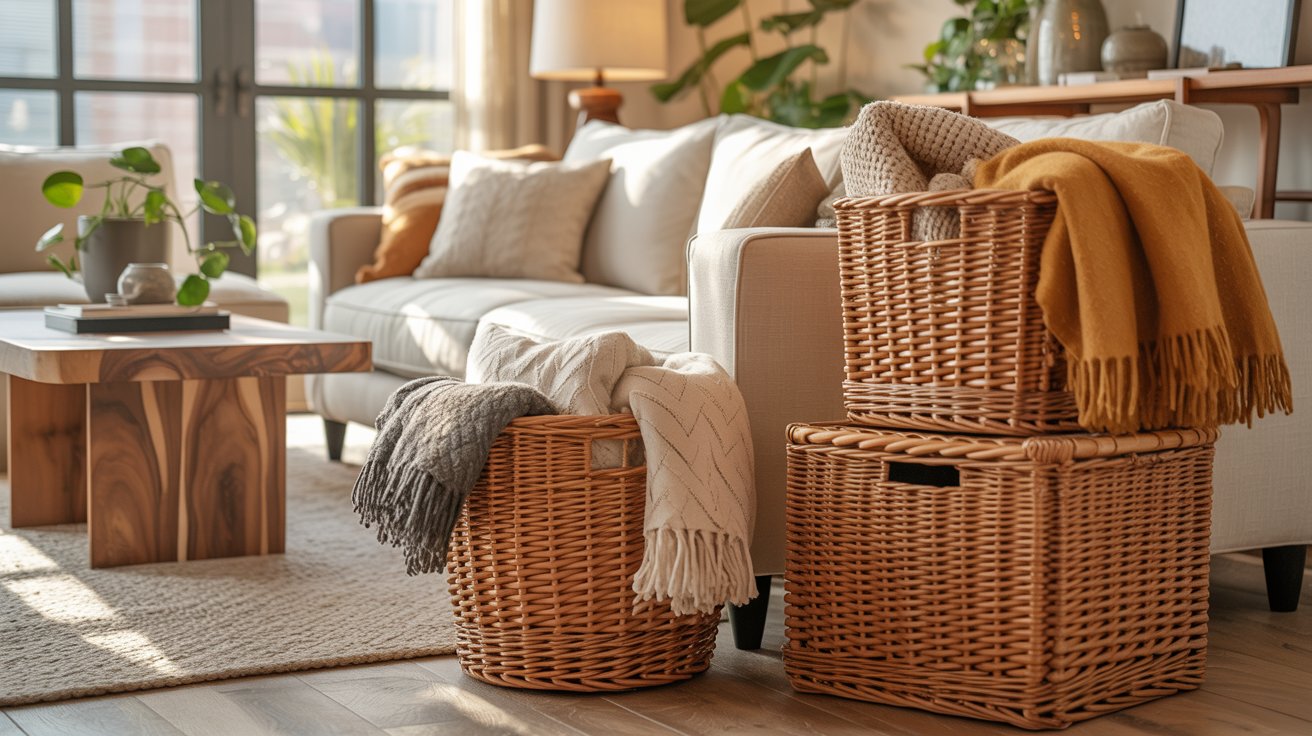 A woven wicker baskets beside a sofa filled with draped throw blankets for casual living room storage