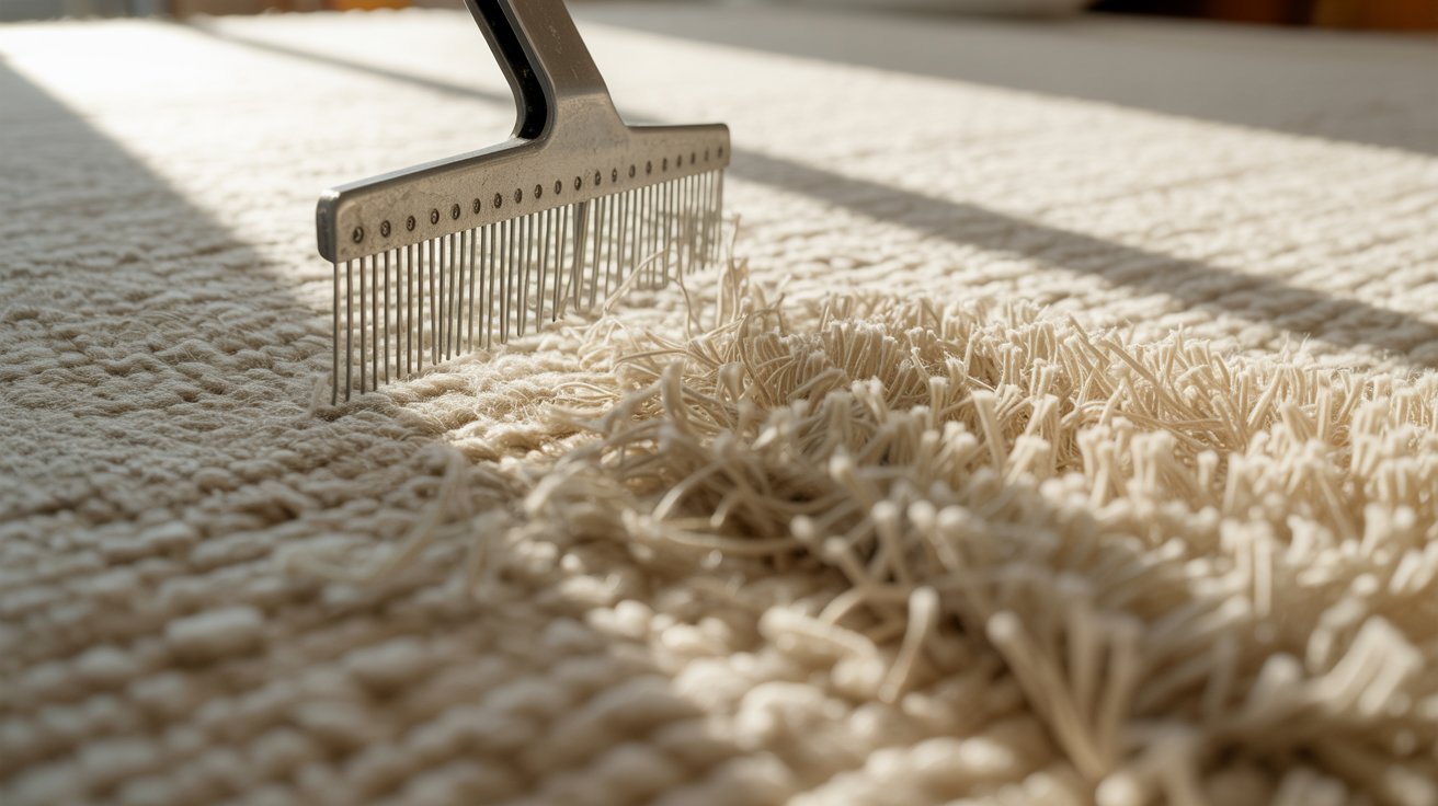 A person scrubbing a carpet with a brush, focusing on cleaning a specific area to remove dirt and stains.