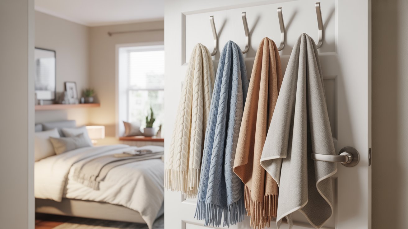 A white bedroom door with metal hooks holding neutral knit and fringed throw blankets.
