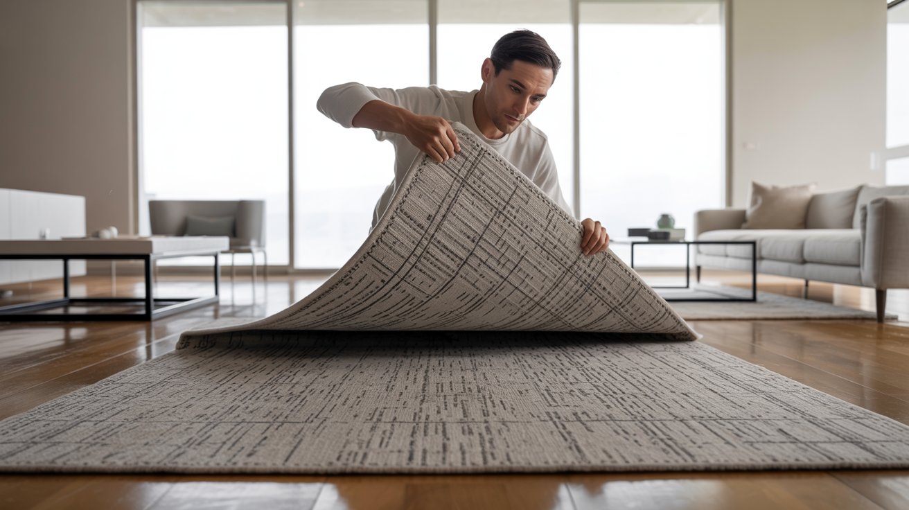 A woman is laying a rug on a polished hardwood floor, carefully adjusting its position.