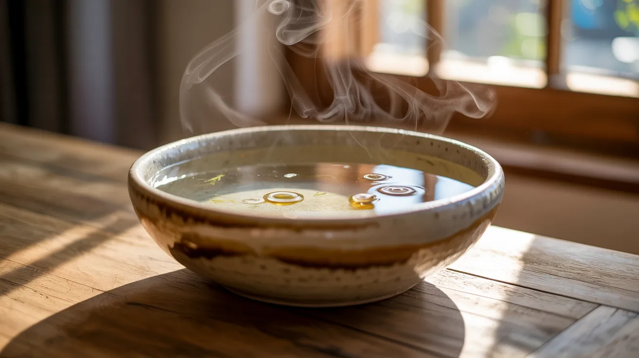 bowl of hot water with crucial oil releasing steam to spread natural fragrance in small room space