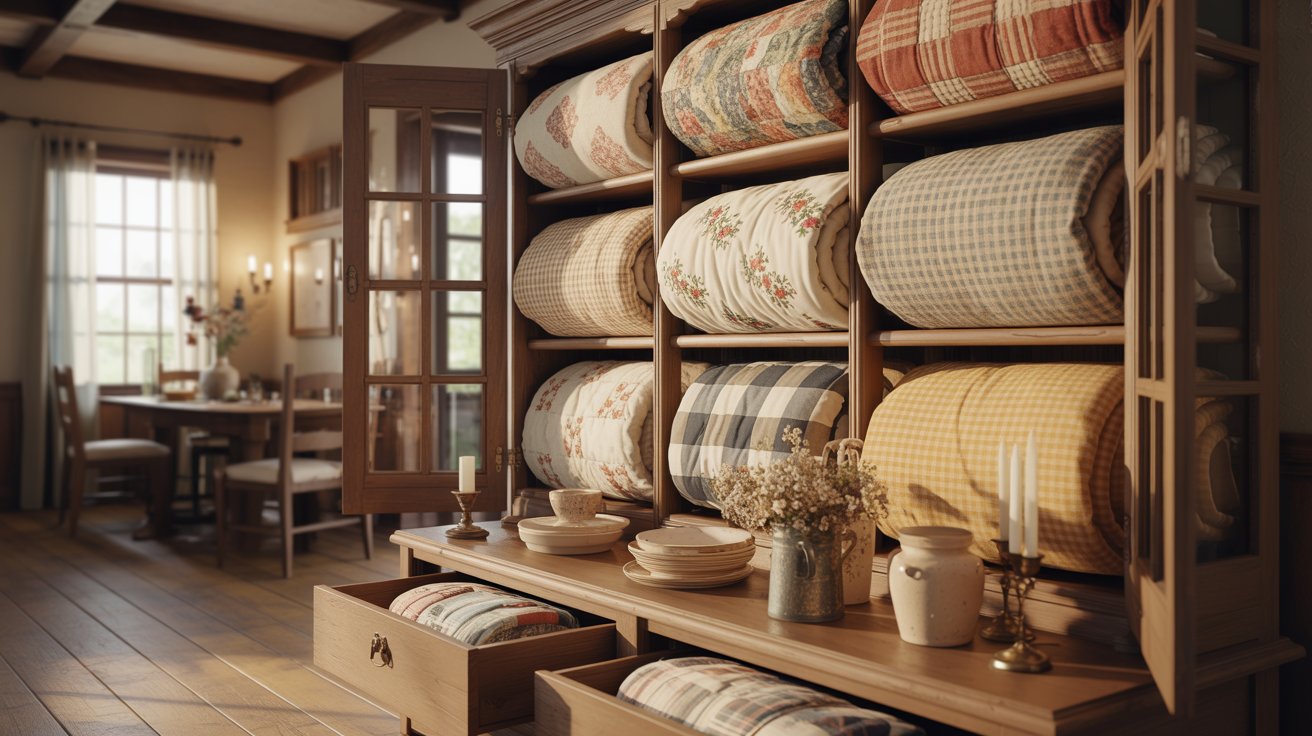 A tall wood cabinet with glass doors showcasing colorful rolled blankets for dust free farmhouse storage.