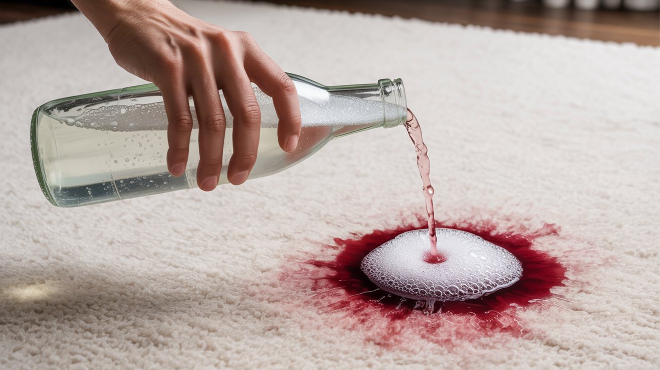 A person pouring liquid from a container into a bottle while standing on a carpeted surface.