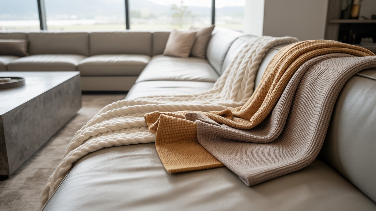 A knit and waffle throw blankets casually draped over a modern gray sectional for easy access storage.