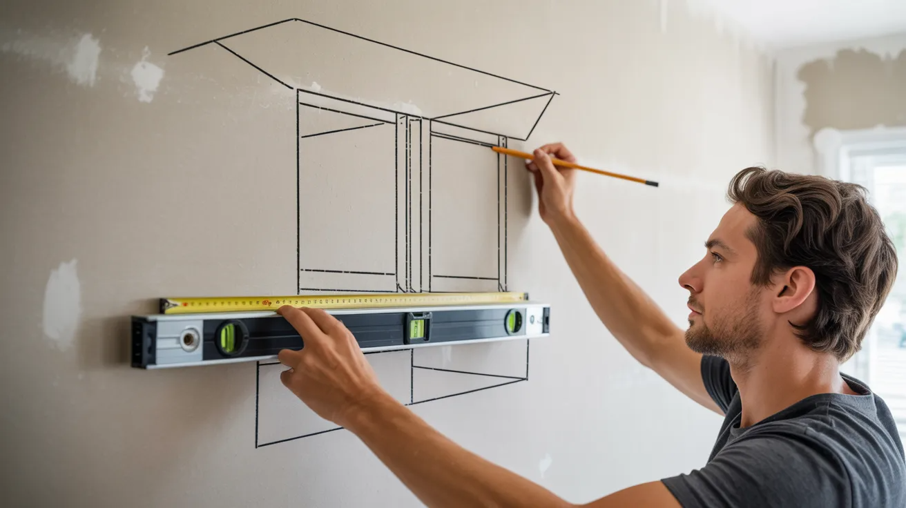 Person marking wall with pencil and level before installing wall cabinets.