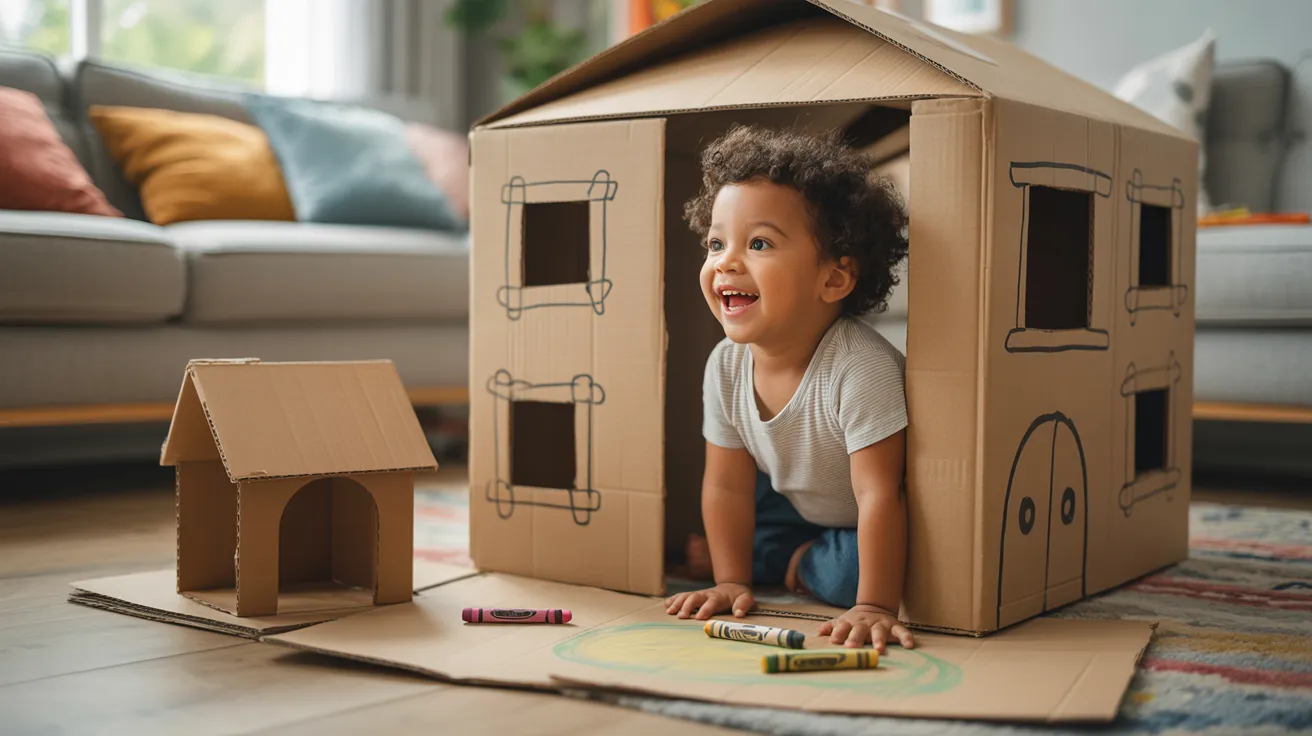 A young boy joyfully playing inside a colorful cardboard house, using his imagination in a playful setting.