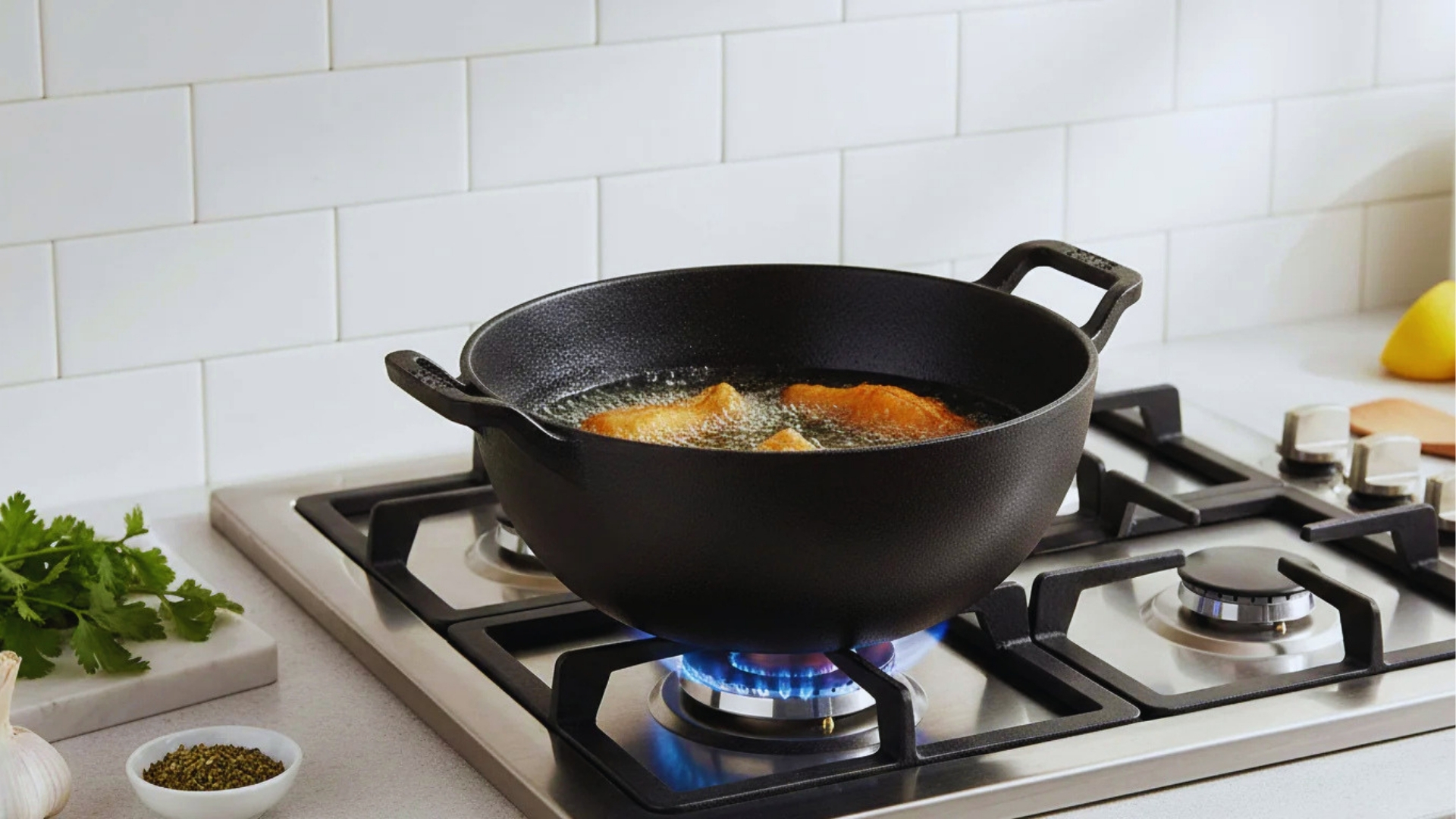 Black cast deep frying pan with two handles frying food over blue gas flame on stainless steel stove with white tile backsplash.