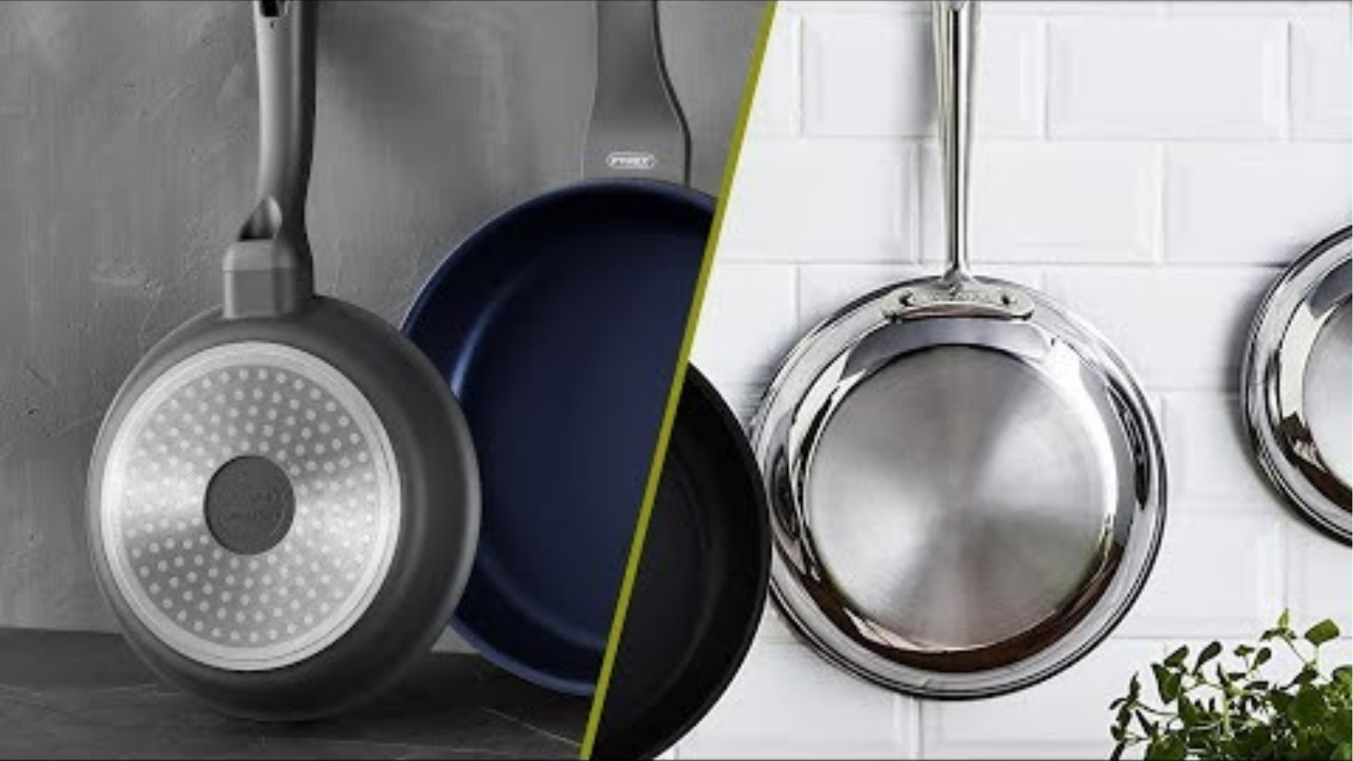 Split comparison image showing black non-stick aluminum pans with induction base on left and polished stainless steel pans on right hanging on kitchen walls.