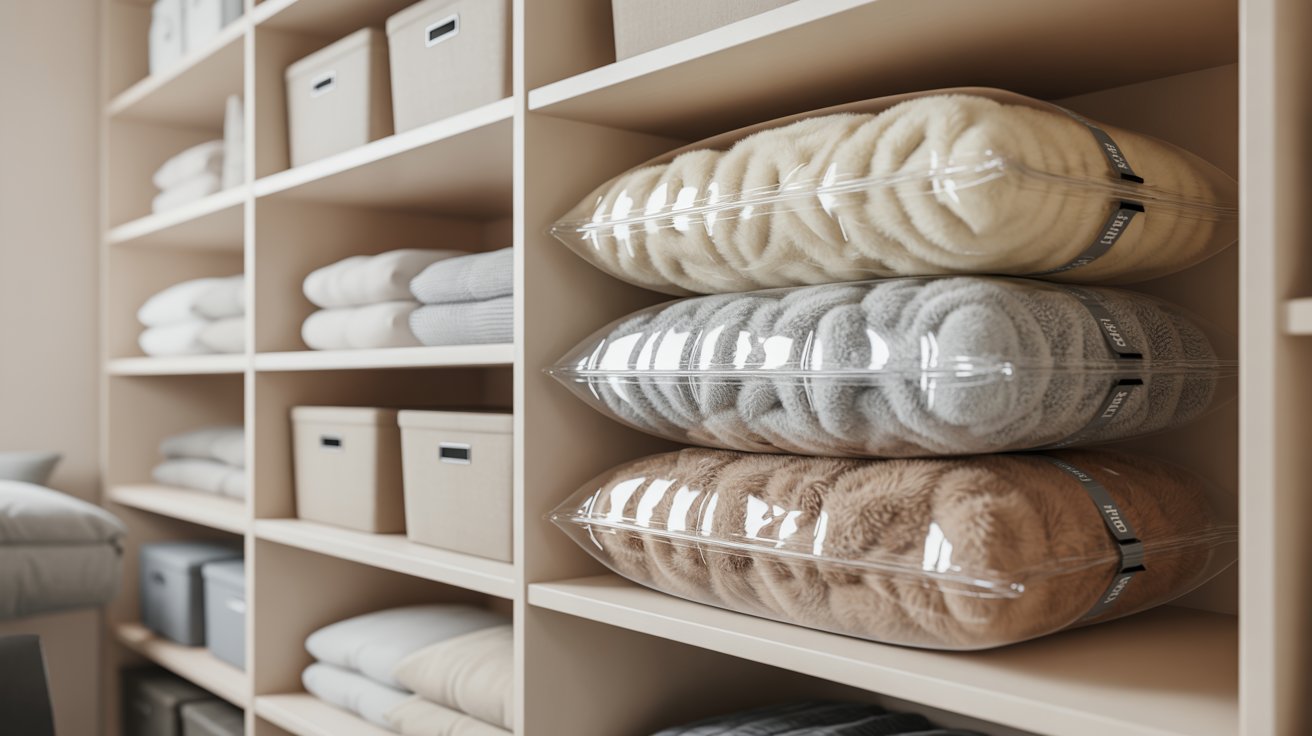 A beige closet with vacuum sealed bags of bulky blankets on shelves alongside folded linens and fabric bins.