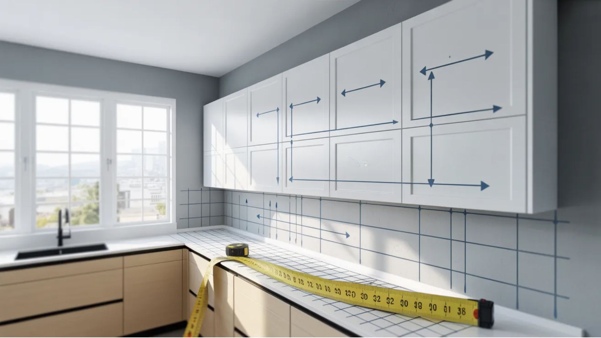 Modern kitchen upper cabinets with labeled measurements showing standard depth, width, and height options.