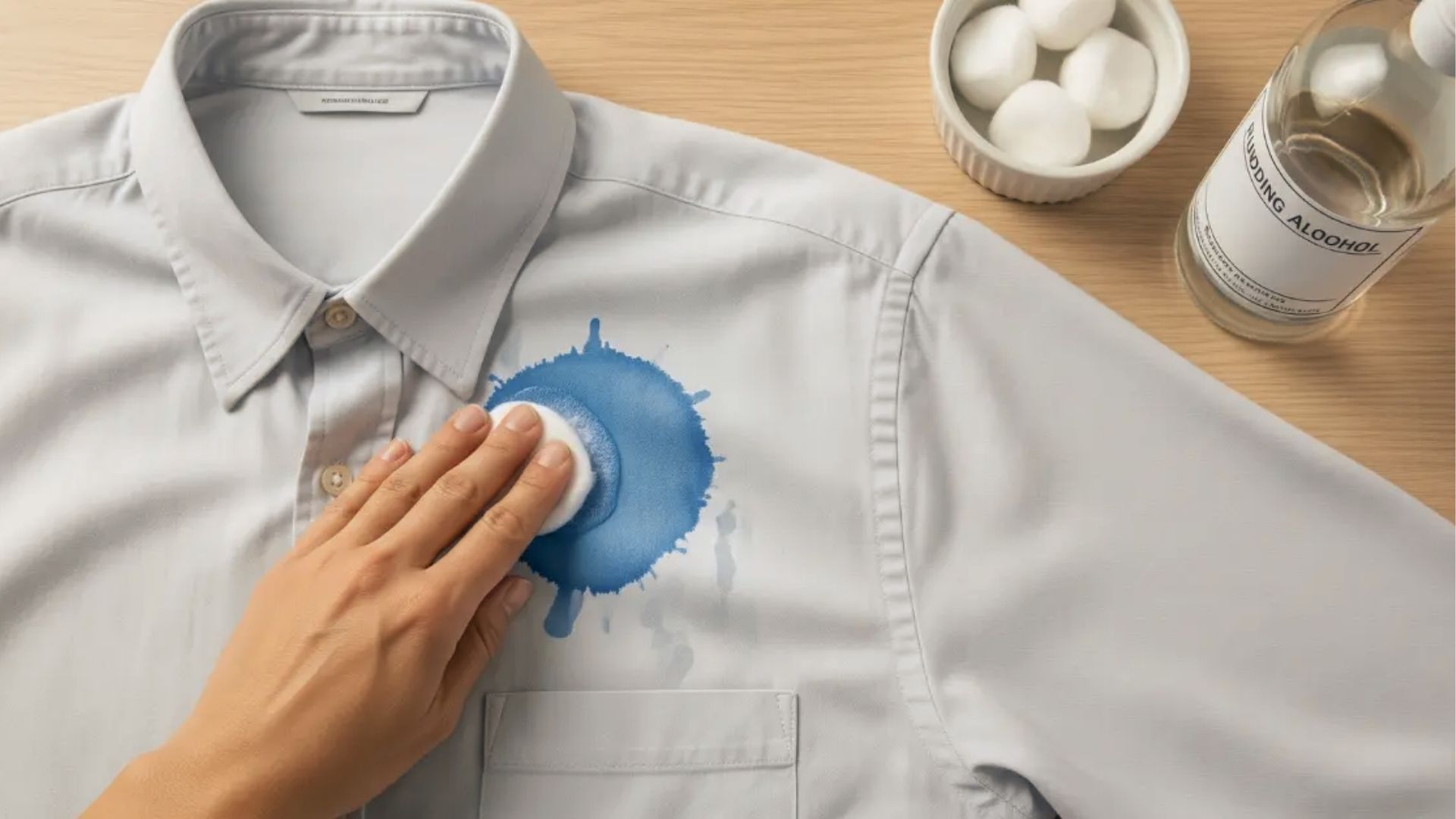 Hand dabs rubbing alcohol on blue ink spill on white shirt with cotton balls nearby for blotting.
