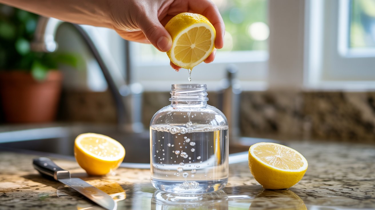 Squeezing fresh lemon into reusable water bottle with warm water for natural cleaning and odor removal"