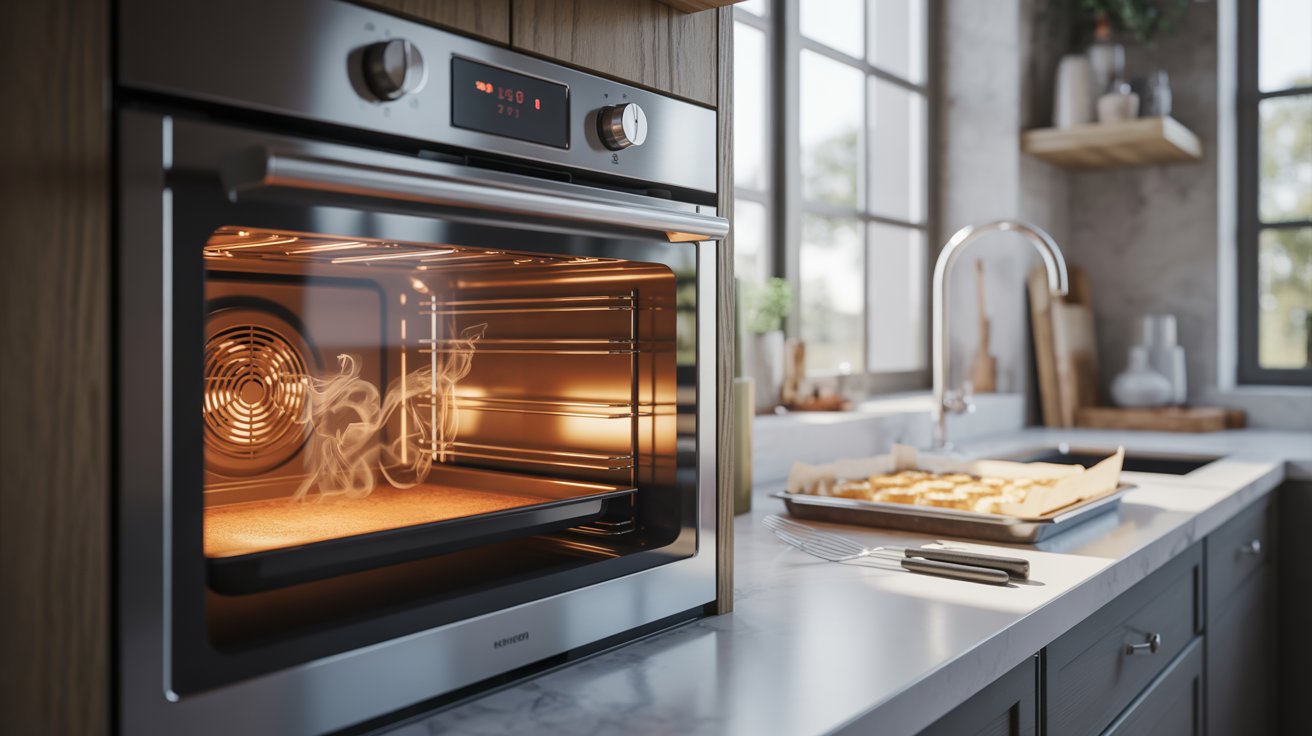 Fully heated oven with glowing racks in modern kitchen ready for accurate even cooking results scene
