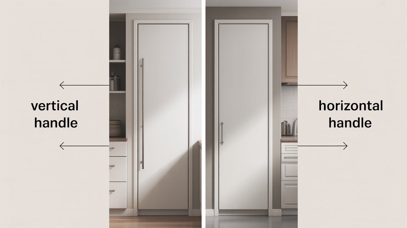 Two images of a kitchen featuring a door and a cabinet, showcasing modern design and functional layout.