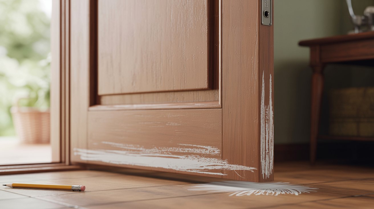 Close-up of a wooden door with chalk marks highlighting friction points where it sticks against the frame