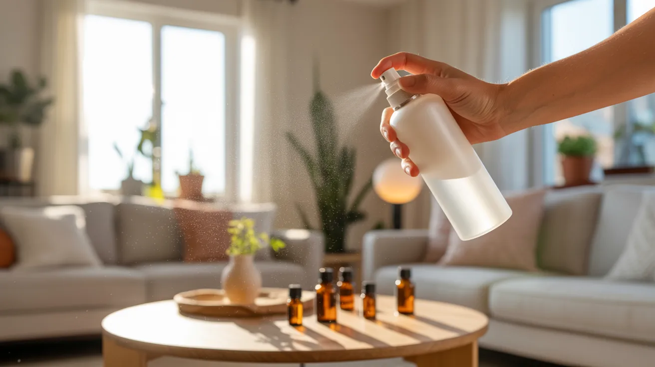 spraying crucial oil mist into air to freshen room quickly using homemade natural spray solution indoors