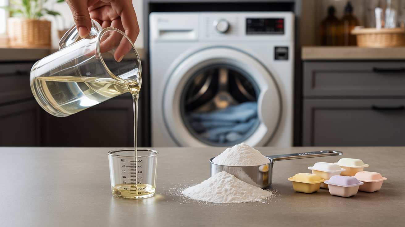 Ultra realistic laundry setup showing measured detergent in cap scoop and pods emphasizing correct small dosage for washing machine use