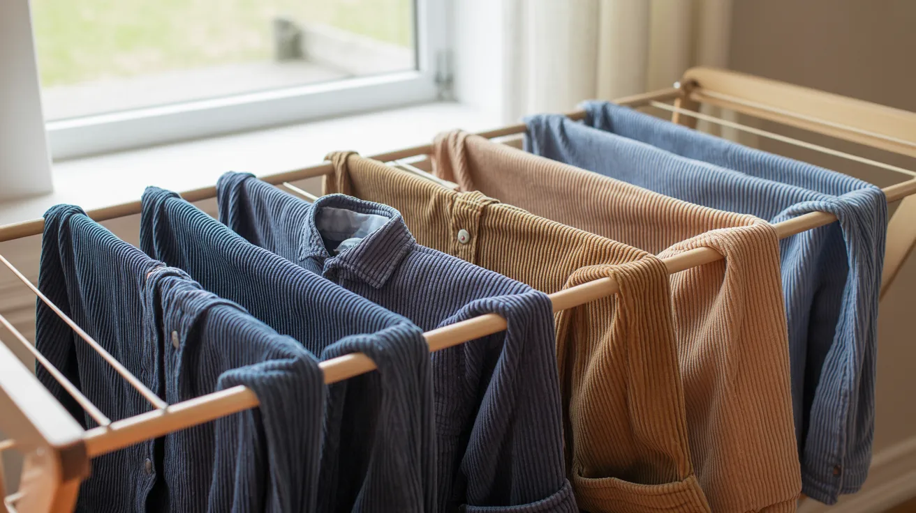 corduroy garment laid flat on drying rack for natural air drying away from sunlight heat