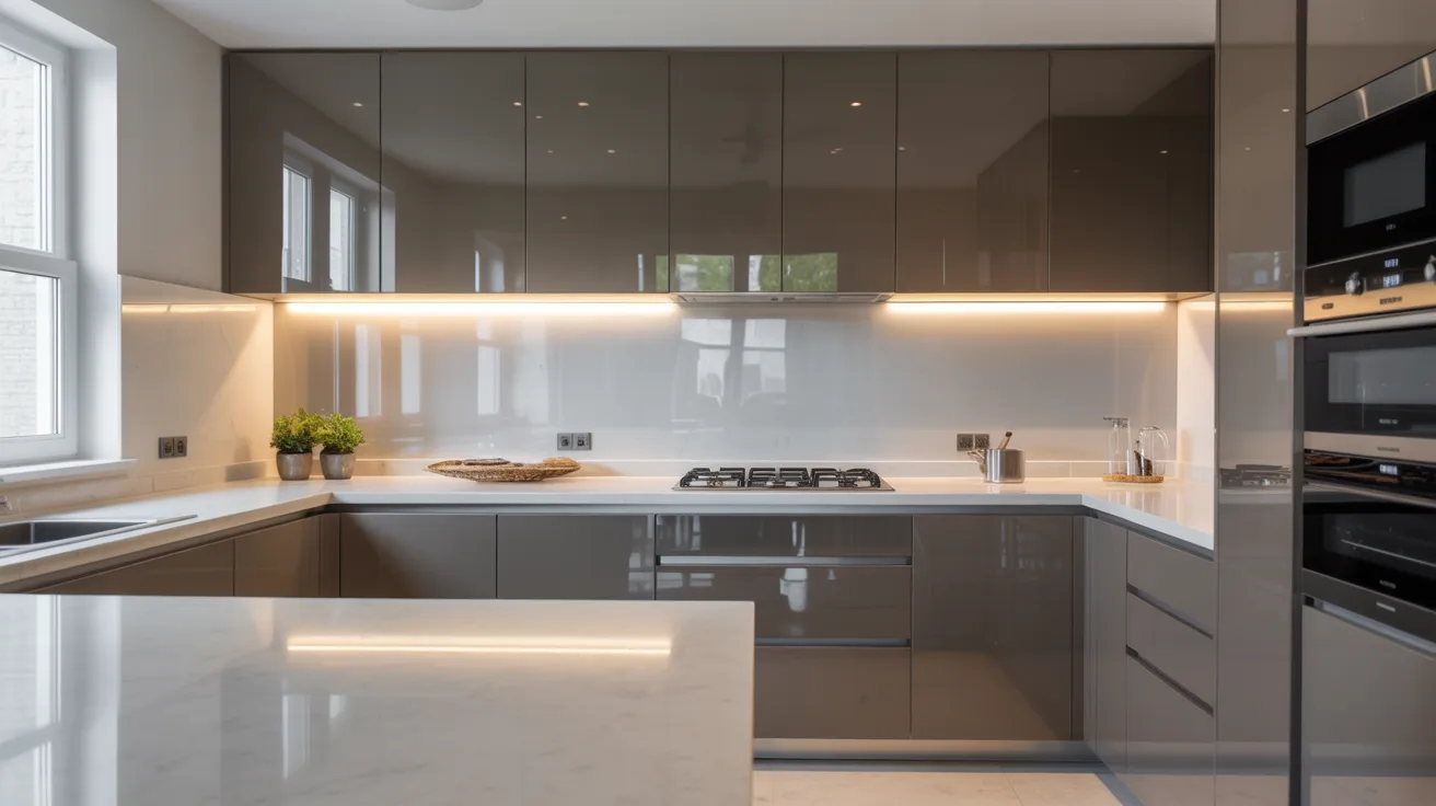 Glossy kitchen cabinets reflecting light in a sleek modern kitchen design.