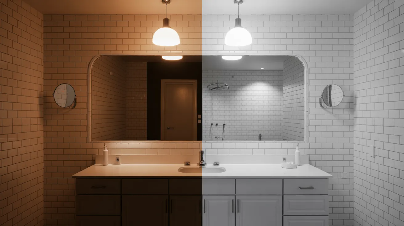 Bathroom lighting comparison showing bright and dim illumination explaining lumens vs watts for bulbs.
