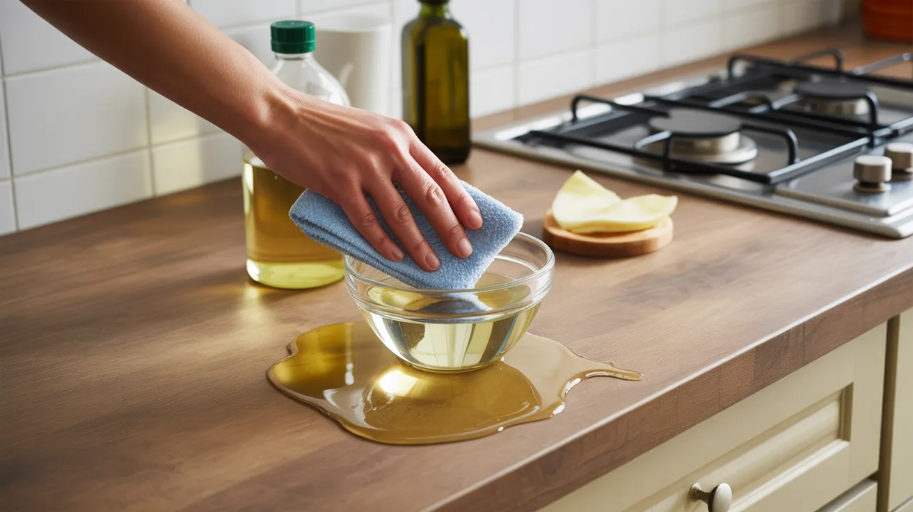 DIY vinegar and olive oil mixture being used to restore light shine on wooden cabinets.