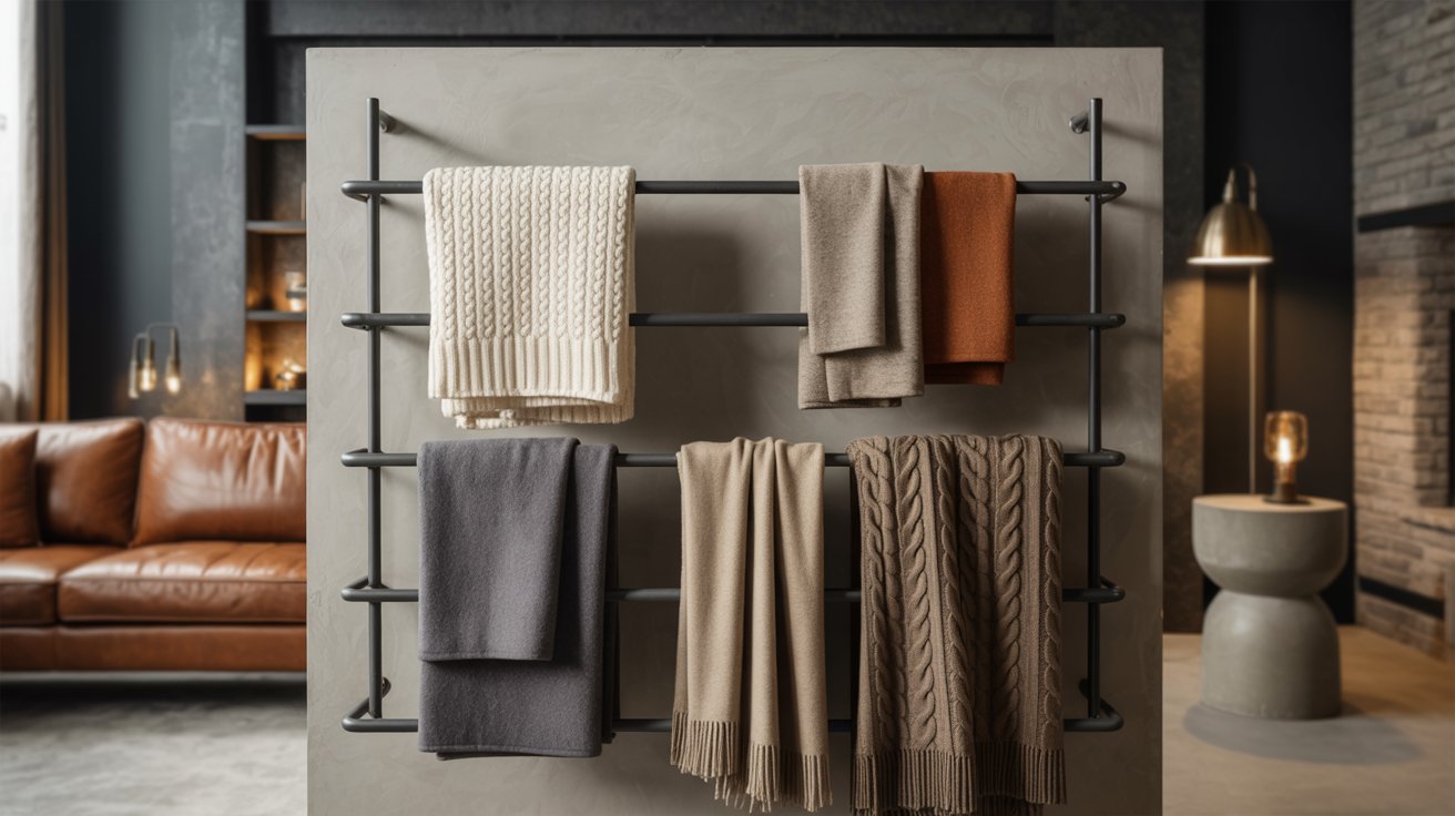 A black industrial wall mounted rack with multiple bars holding cable knit and fleece blankets in a living room.