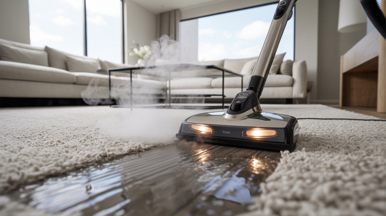 A steam cleaner is actively cleaning a carpet, releasing steam to remove dirt and stains.