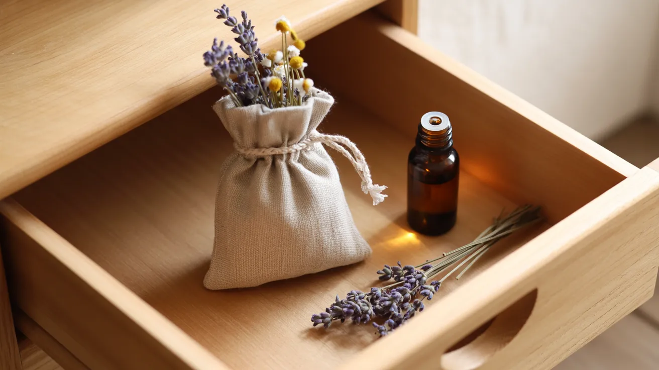 scented sachet placed in drawer releasing crucial oil fragrance into small enclosed storage spaces naturally
