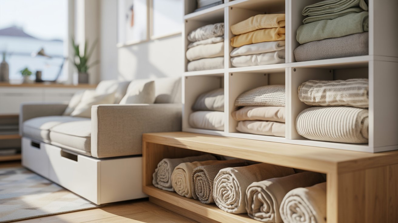 A white cube shelving unit and wood bench in a living room storing rolled and folded blankets in neutral tones.