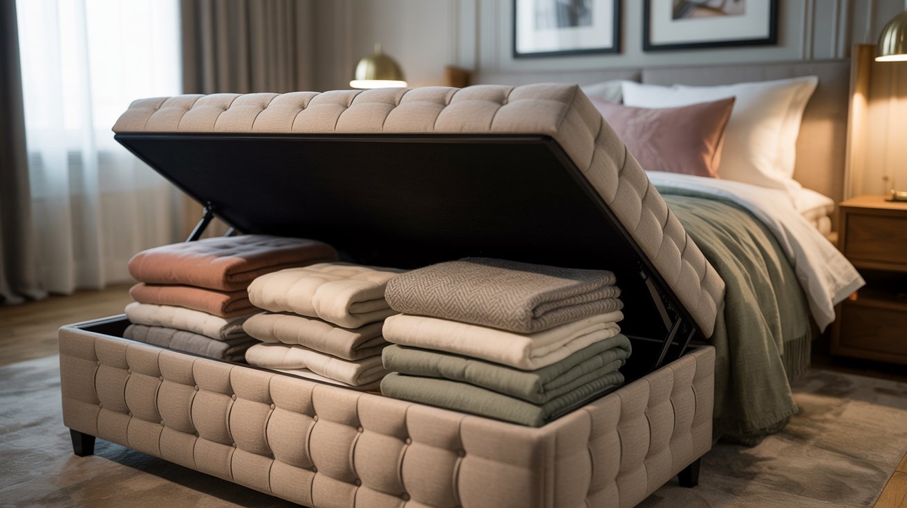 A tufted bedroom ottoman with hinged lid open revealing stacks of folded blankets inside