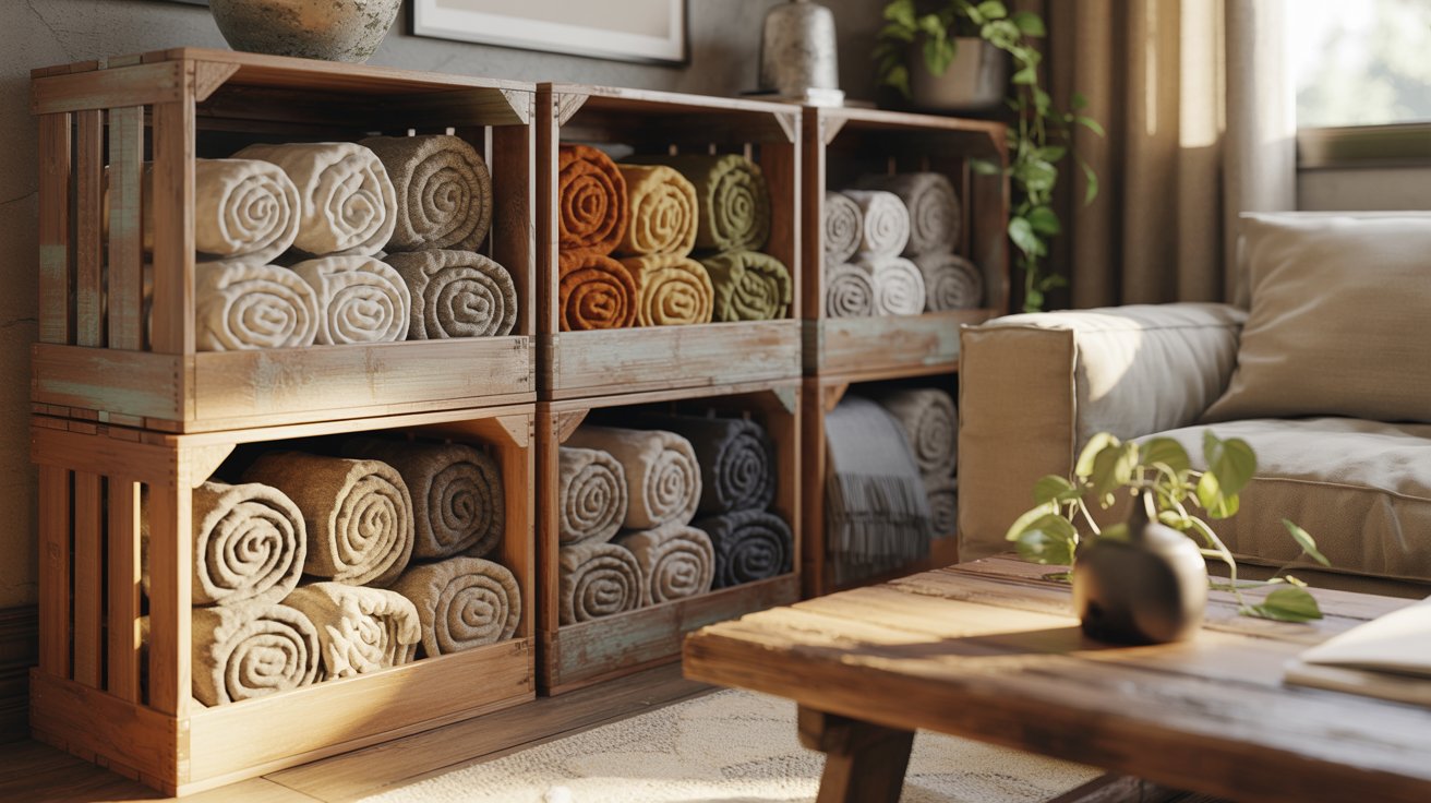 A rustic stacked wooden crate in a living room storing rolled blankets sorted by color.