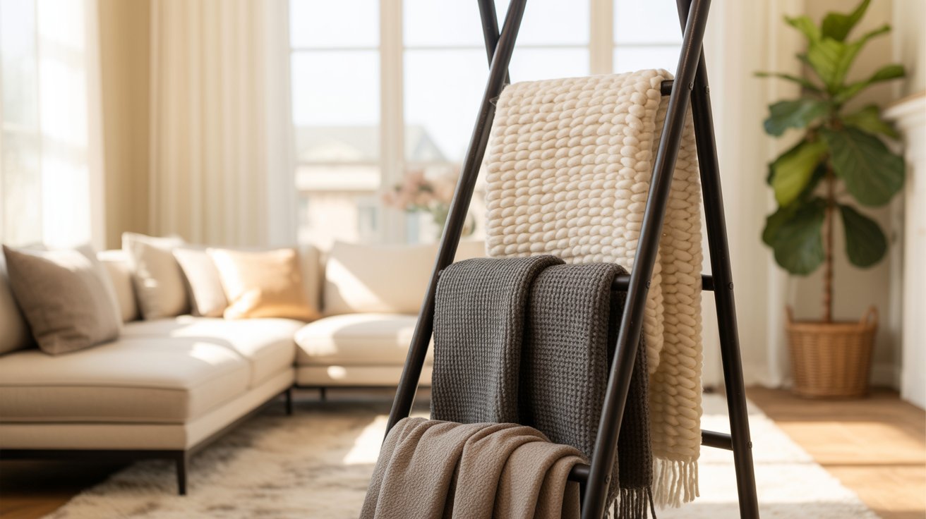 A black metal ladder rack holding textured throws in a bright modern living room.