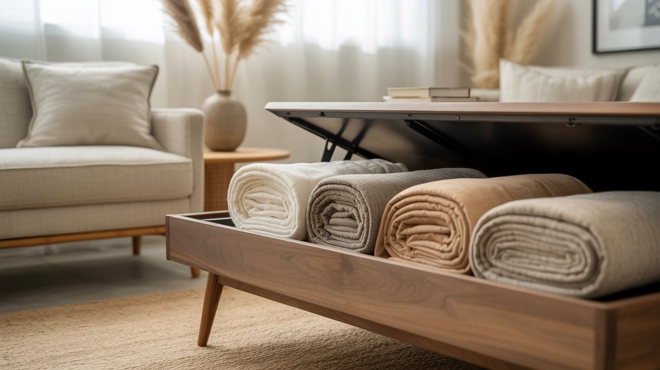 A mid century coffee table with a lift top open revealing rolled blankets stored inside in neutral shades.