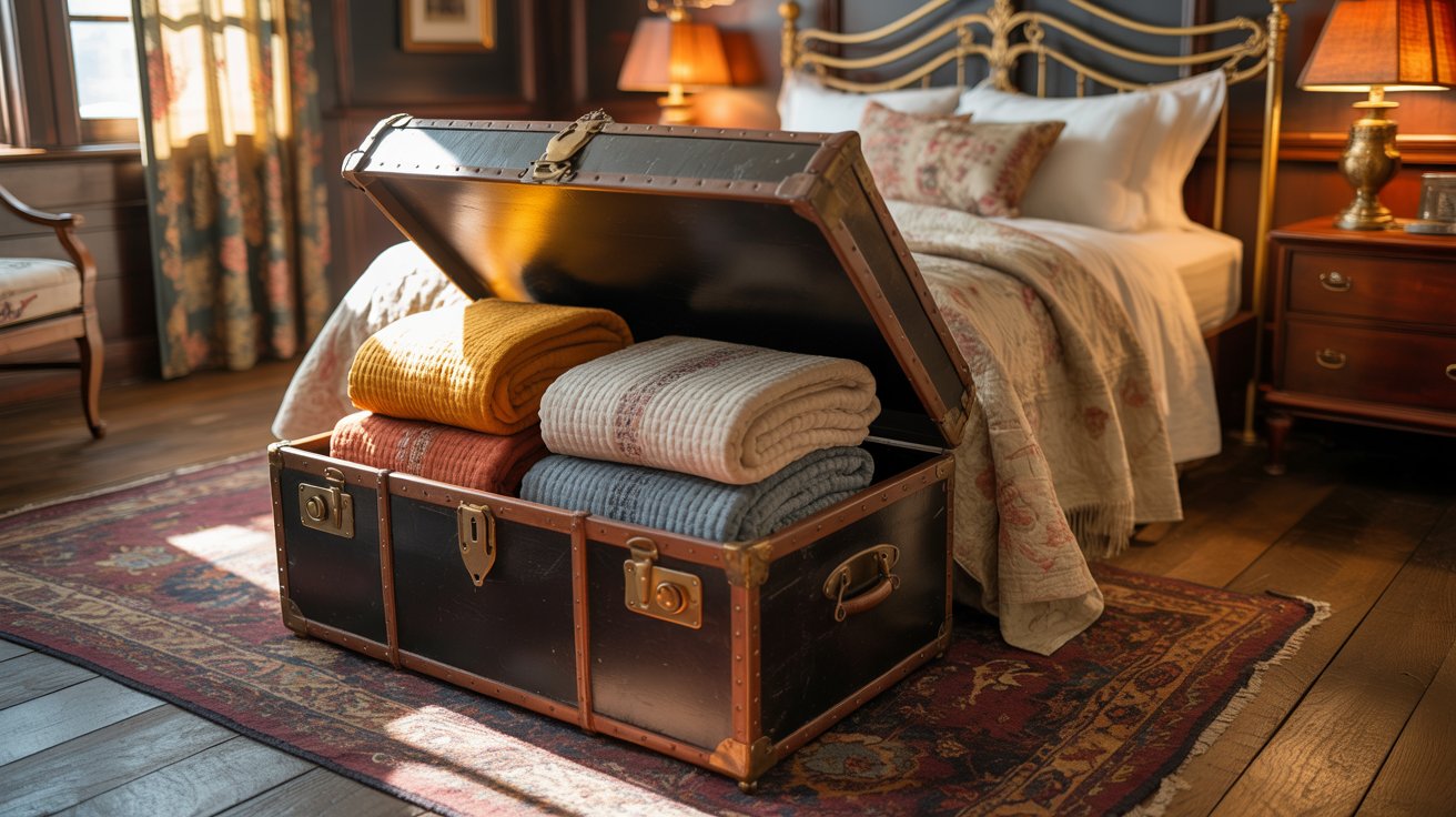 An antique leather trunk at the foot of a bed used to store folded quilts and extra blankets
